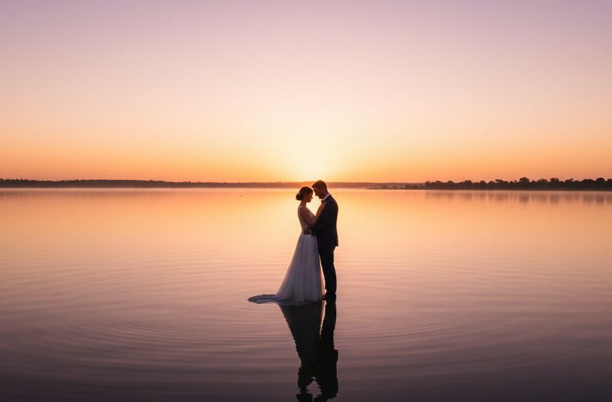 An epic moment captured in Lakes Entrance Wedding Photography Sunrise Portraits, featuring a newlywed couple silhouetted against a dramatic golden sunrise over the Gippsland Lakes, professional colour grading.