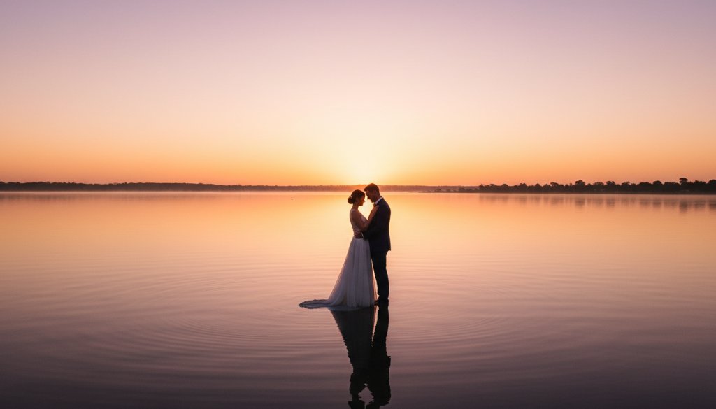 An epic moment captured in Lakes Entrance Wedding Photography Sunrise Portraits, featuring a newlywed couple silhouetted against a dramatic golden sunrise over the Gippsland Lakes, professional colour grading.