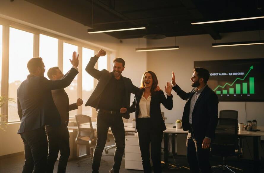 Dynamic wide-angle shot of a diverse business team collaborating energetically in a modern, sunlit Lang Lang office, embodying 'Lang Lang corporate photography for authentic brand stories', with professional lighting and vibrant colours.