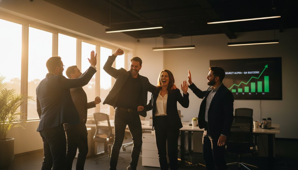 Dynamic wide-angle shot of a diverse business team collaborating energetically in a modern, sunlit Lang Lang office, embodying 'Lang Lang corporate photography for authentic brand stories', with professional lighting and vibrant colours.