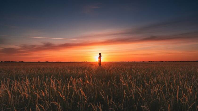 An emotionally resonant fine art photograph capturing a couple silhouetted against a dramatic sunset over the expansive pastoral fields of Lang Lang, Victoria. The sky is ablaze with deep oranges and purples, reflecting in a serene, shallow water feature. The couple stands close, their figures artistic and graceful, embodying the tranquility of Lang Lang fine art photography capturing serene Gippsland moments. Dramatic lighting, professional colour grading, cinematic composition.