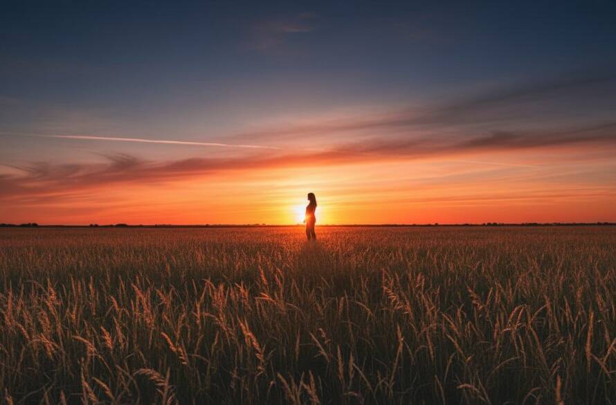 An emotionally resonant fine art photograph capturing a couple silhouetted against a dramatic sunset over the expansive pastoral fields of Lang Lang, Victoria. The sky is ablaze with deep oranges and purples, reflecting in a serene, shallow water feature. The couple stands close, their figures artistic and graceful, embodying the tranquility of Lang Lang fine art photography capturing serene Gippsland moments. Dramatic lighting, professional colour grading, cinematic composition.