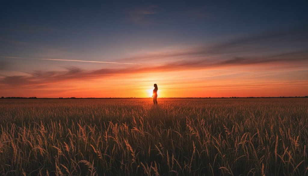 An emotionally resonant fine art photograph capturing a couple silhouetted against a dramatic sunset over the expansive pastoral fields of Lang Lang, Victoria. The sky is ablaze with deep oranges and purples, reflecting in a serene, shallow water feature. The couple stands close, their figures artistic and graceful, embodying the tranquility of Lang Lang fine art photography capturing serene Gippsland moments. Dramatic lighting, professional colour grading, cinematic composition.