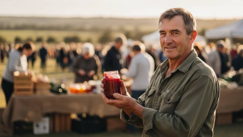 Dramatic wide shot of a local Lang Lang market stall owner proudly presenting artisanal jams, illuminated by golden hour light, reflecting the authentic charm of Lang Lang Victoria authentic product photography for local brands.