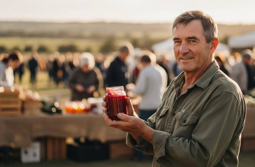 Dramatic wide shot of a local Lang Lang market stall owner proudly presenting artisanal jams, illuminated by golden hour light, reflecting the authentic charm of Lang Lang Victoria authentic product photography for local brands.