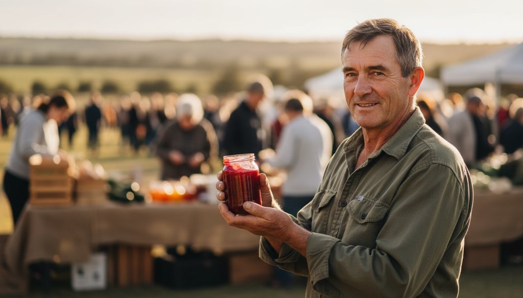 Dramatic wide shot of a local Lang Lang market stall owner proudly presenting artisanal jams, illuminated by golden hour light, reflecting the authentic charm of Lang Lang Victoria authentic product photography for local brands.