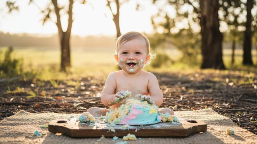 A joyful baby in Lang Lang Victoria cake smash photography memorable first birthday session, covered in cake, laughing amidst vibrant balloons and soft sunlight, capturing an epic moment of pure delight.