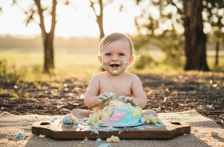 A joyful baby in Lang Lang Victoria cake smash photography memorable first birthday session, covered in cake, laughing amidst vibrant balloons and soft sunlight, capturing an epic moment of pure delight.
