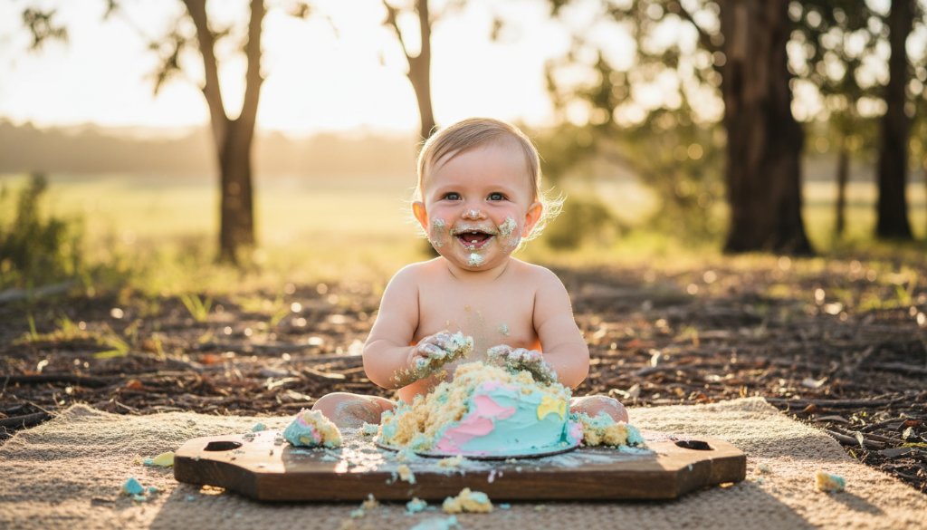 A joyful baby in Lang Lang Victoria cake smash photography memorable first birthday session, covered in cake, laughing amidst vibrant balloons and soft sunlight, capturing an epic moment of pure delight.