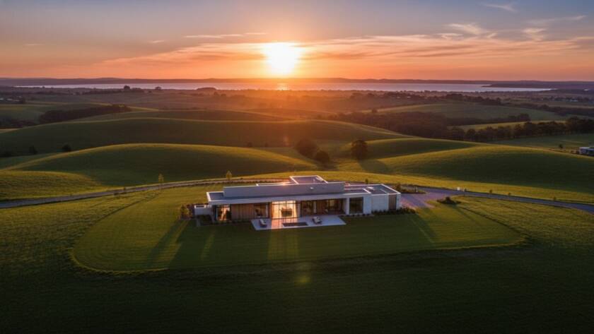A wide-angle, cinematic drone shot at golden hour showcasing a magnificent luxury home in Lang Lang, Victoria, with rolling green hills and a distant bay, embodying Lang Lang Victoria real estate photography luxury homes with dramatic light and shadow.