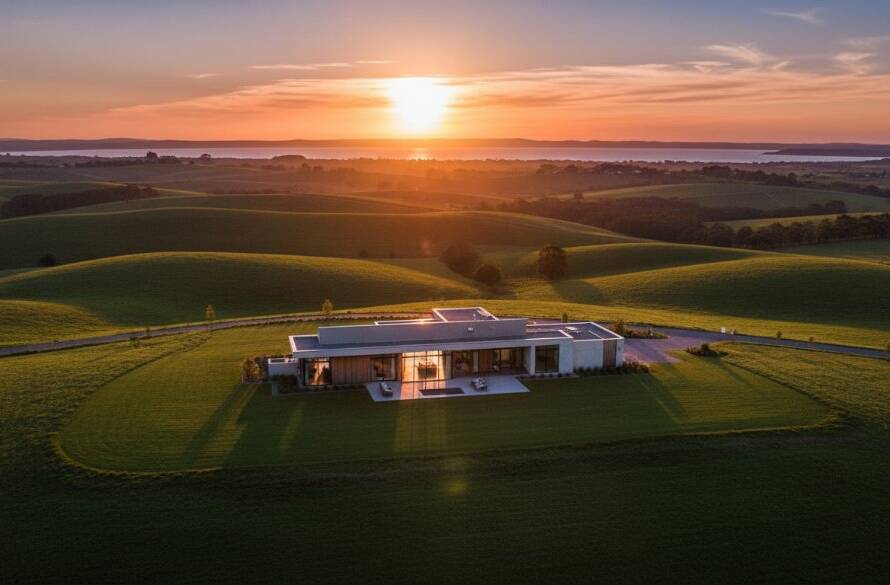 A wide-angle, cinematic drone shot at golden hour showcasing a magnificent luxury home in Lang Lang, Victoria, with rolling green hills and a distant bay, embodying Lang Lang Victoria real estate photography luxury homes with dramatic light and shadow.