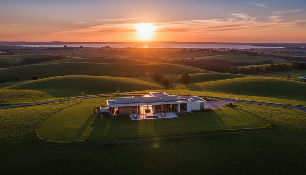 A wide-angle, cinematic drone shot at golden hour showcasing a magnificent luxury home in Lang Lang, Victoria, with rolling green hills and a distant bay, embodying Lang Lang Victoria real estate photography luxury homes with dramatic light and shadow.