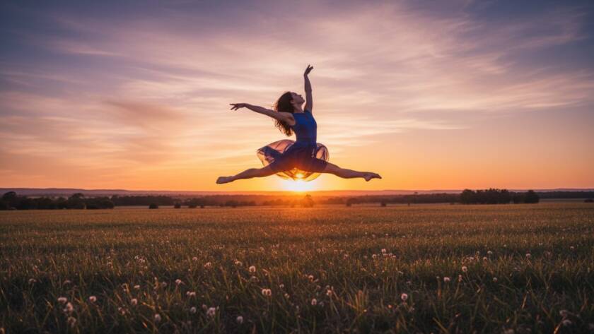 A stunning 'epic moment' photograph showcasing a contemporary dancer in mid-air, silhouetted against a golden Lang Lang sunset, performing a powerful leap, captured with dramatic lighting. This Lang Lang Victorian dance photography captures expressive movement.
