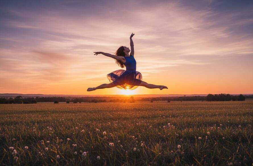 A stunning 'epic moment' photograph showcasing a contemporary dancer in mid-air, silhouetted against a golden Lang Lang sunset, performing a powerful leap, captured with dramatic lighting. This Lang Lang Victorian dance photography captures expressive movement.