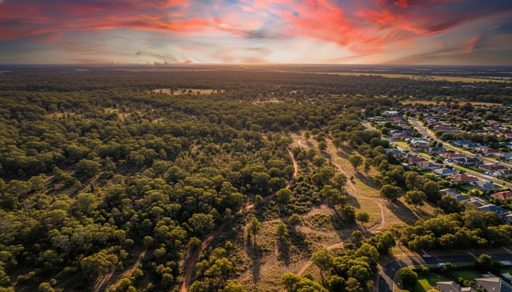 Dramatic drone view of Langwarrin's lush bushland meeting suburban homes at sunset, showcasing the captivating landscapes of the area, embodying Langwarrin aerial photography captivating landscapes.