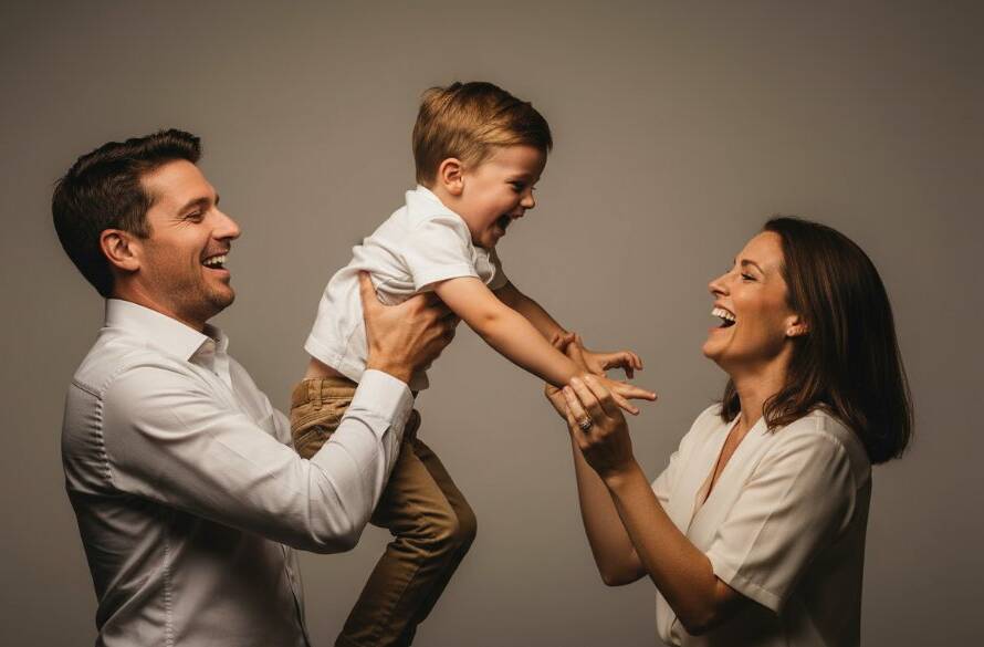 A heartwarming and dynamic Langwarrin bespoke studio photography experience moment, featuring a family laughing joyously as their young child reaches up playfully, illuminated by soft, cinematic studio lighting, with a dramatic shallow depth of field.