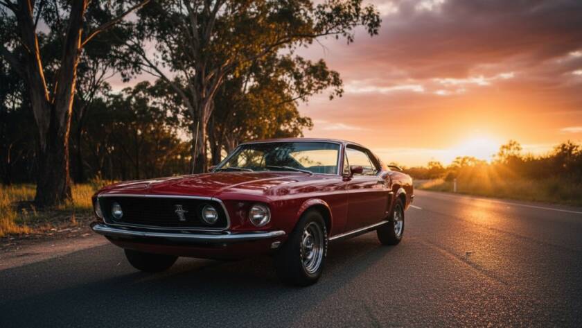 Dramatic shot of a gleaming classic muscle car, expertly captured through Langwarrin car photography for classic car owners, parked at sunset near the Langwarrin Flora and Fauna Reserve, with dynamic lighting highlighting its chrome and curves.