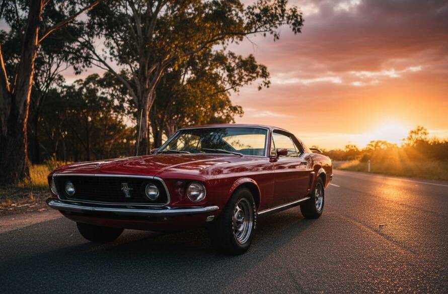 Dramatic shot of a gleaming classic muscle car, expertly captured through Langwarrin car photography for classic car owners, parked at sunset near the Langwarrin Flora and Fauna Reserve, with dynamic lighting highlighting its chrome and curves.