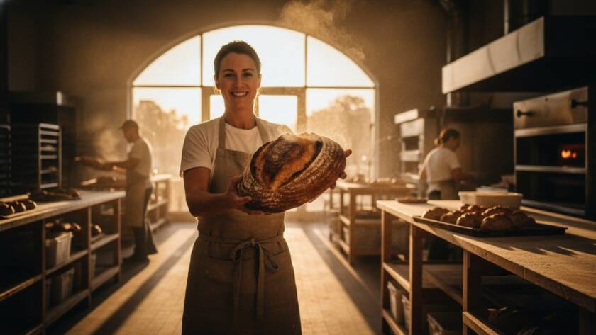 Dynamic wide-angle shot capturing the bustling production line of a modern Langwarrin small business, featuring a key team member proudly inspecting a product, dramatically lit with golden hour sunbeams, symbolising Langwarrin Commercial Photography for Local Business Growth.