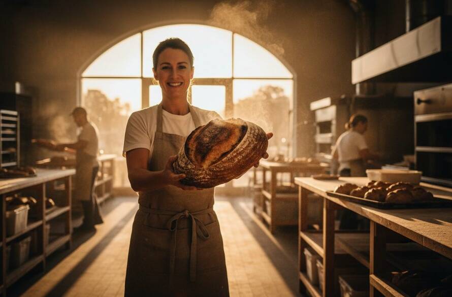 Dynamic wide-angle shot capturing the bustling production line of a modern Langwarrin small business, featuring a key team member proudly inspecting a product, dramatically lit with golden hour sunbeams, symbolising Langwarrin Commercial Photography for Local Business Growth.