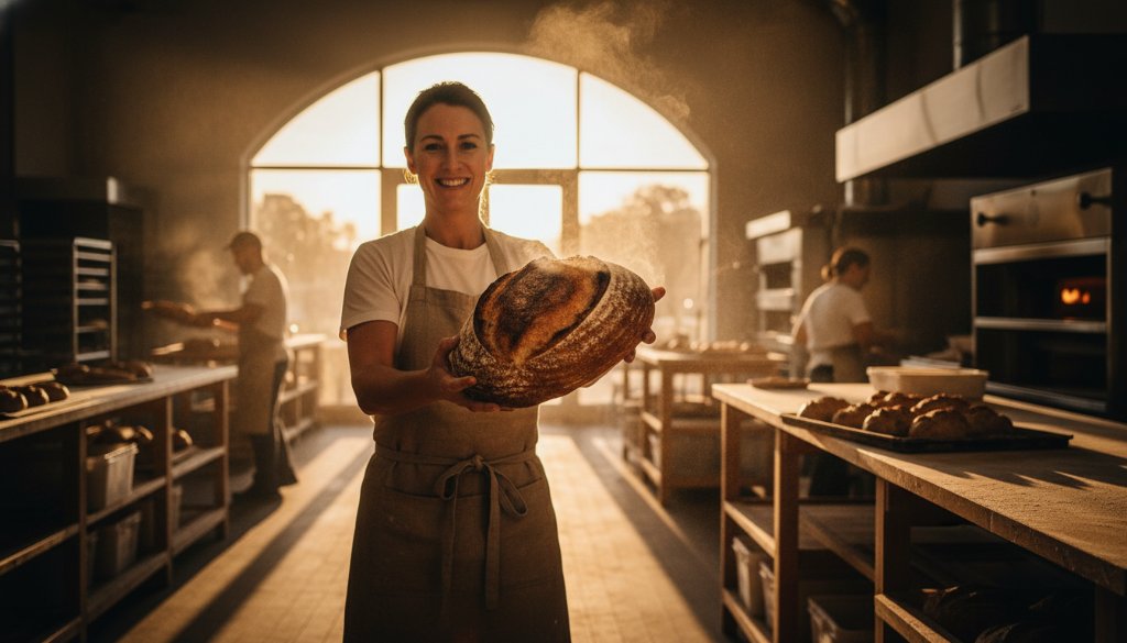 Dynamic wide-angle shot capturing the bustling production line of a modern Langwarrin small business, featuring a key team member proudly inspecting a product, dramatically lit with golden hour sunbeams, symbolising Langwarrin Commercial Photography for Local Business Growth.