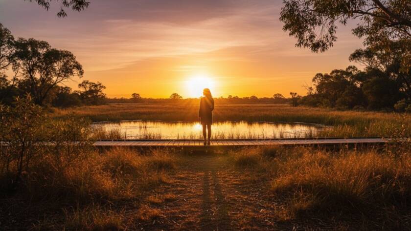 A dramatic 'epic moment' photograph showcasing Langwarrin fine art photography capturing fleeting beauty, featuring a silhouetted figure standing against a vibrant sunset over the Langwarrin Flora and Fauna Reserve, professional and color-graded.