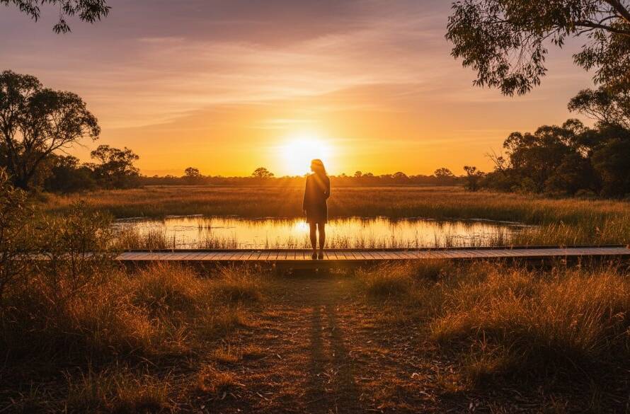 A dramatic 'epic moment' photograph showcasing Langwarrin fine art photography capturing fleeting beauty, featuring a silhouetted figure standing against a vibrant sunset over the Langwarrin Flora and Fauna Reserve, professional and color-graded.