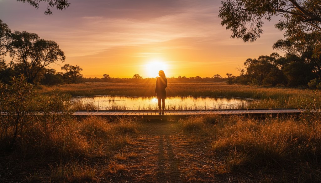 A dramatic 'epic moment' photograph showcasing Langwarrin fine art photography capturing fleeting beauty, featuring a silhouetted figure standing against a vibrant sunset over the Langwarrin Flora and Fauna Reserve, professional and color-graded.