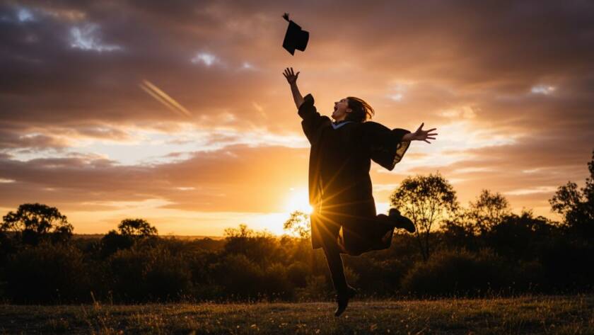 A jubilant Langwarrin graduate, dressed in cap and gown, throws their mortarboard into a clear blue sky, silhouetted against a golden sunset over the Langwarrin Flora and Fauna Reserve, perfectly capturing the heartfelt celebration of their achievement.