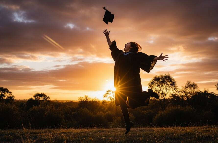 A jubilant Langwarrin graduate, dressed in cap and gown, throws their mortarboard into a clear blue sky, silhouetted against a golden sunset over the Langwarrin Flora and Fauna Reserve, perfectly capturing the heartfelt celebration of their achievement.