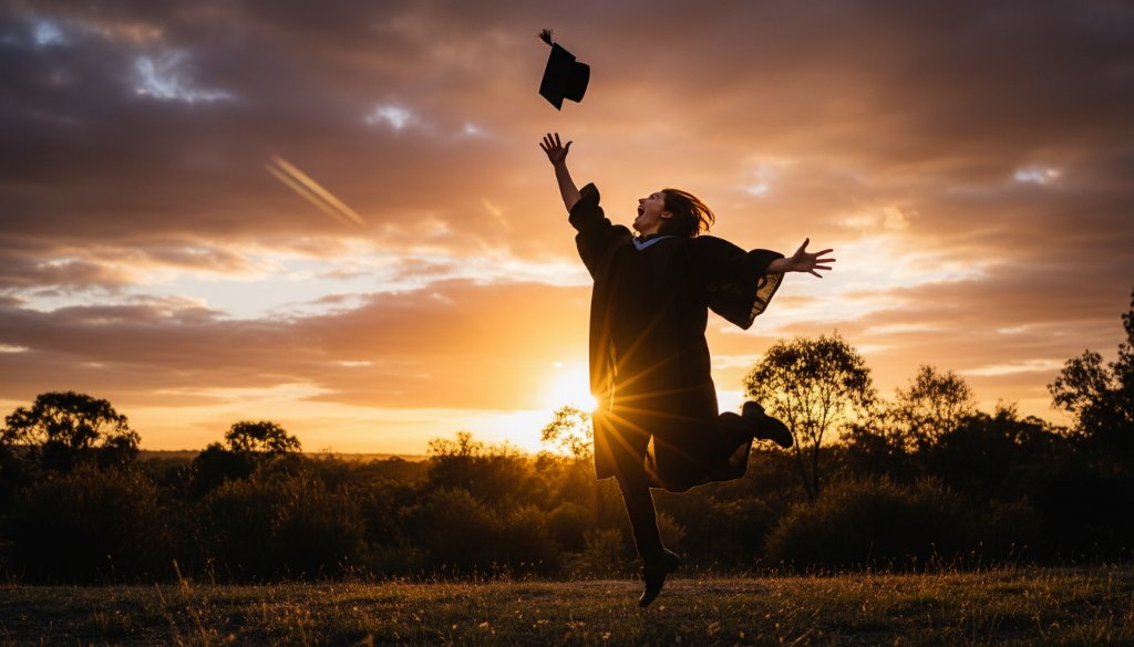 A jubilant Langwarrin graduate, dressed in cap and gown, throws their mortarboard into a clear blue sky, silhouetted against a golden sunset over the Langwarrin Flora and Fauna Reserve, perfectly capturing the heartfelt celebration of their achievement.