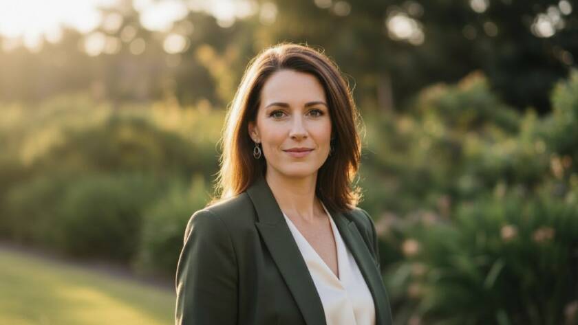 A powerful, professionally lit 'epic moment' style headshot of a confident young entrepreneur in a modern business suit, smiling subtly, with a softly blurred background hinting at a vibrant Langwarrin park at golden hour. This image perfectly encapsulates the essence of Langwarrin impactful professional headshots for career growth, showcasing a strong personal brand.