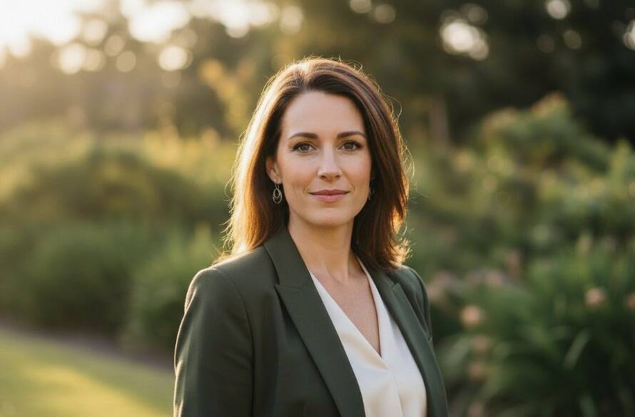 A powerful, professionally lit 'epic moment' style headshot of a confident young entrepreneur in a modern business suit, smiling subtly, with a softly blurred background hinting at a vibrant Langwarrin park at golden hour. This image perfectly encapsulates the essence of Langwarrin impactful professional headshots for career growth, showcasing a strong personal brand.