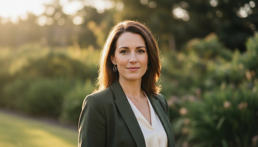 A powerful, professionally lit 'epic moment' style headshot of a confident young entrepreneur in a modern business suit, smiling subtly, with a softly blurred background hinting at a vibrant Langwarrin park at golden hour. This image perfectly encapsulates the essence of Langwarrin impactful professional headshots for career growth, showcasing a strong personal brand.
