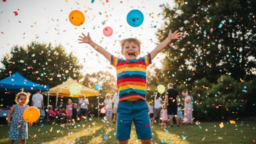 An epic moment of a child laughing joyfully, surrounded by colourful balloons and confetti, at a Langwarrin kids birthday party photography session, captured with professional lighting and vibrant colours.