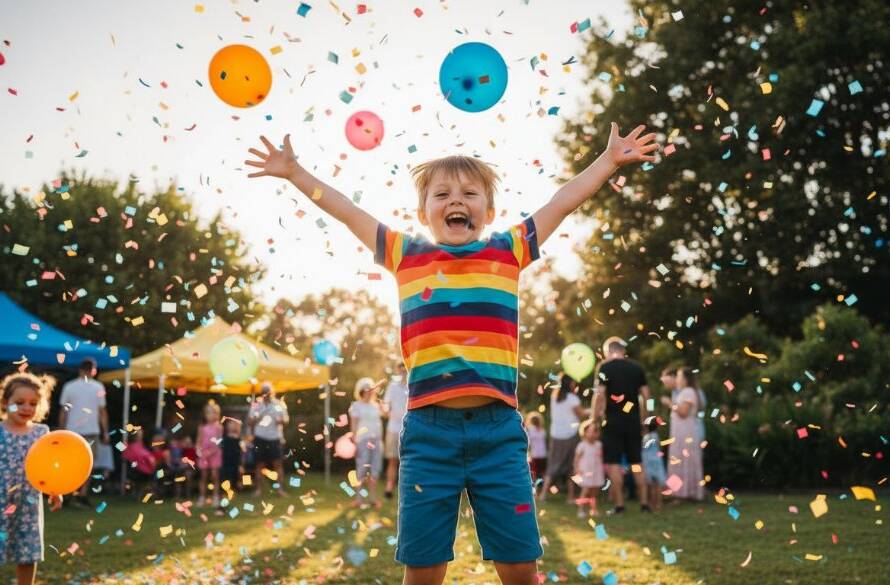 An epic moment of a child laughing joyfully, surrounded by colourful balloons and confetti, at a Langwarrin kids birthday party photography session, captured with professional lighting and vibrant colours.