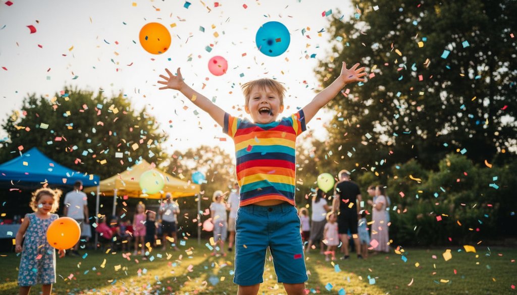 An epic moment of a child laughing joyfully, surrounded by colourful balloons and confetti, at a Langwarrin kids birthday party photography session, captured with professional lighting and vibrant colours.