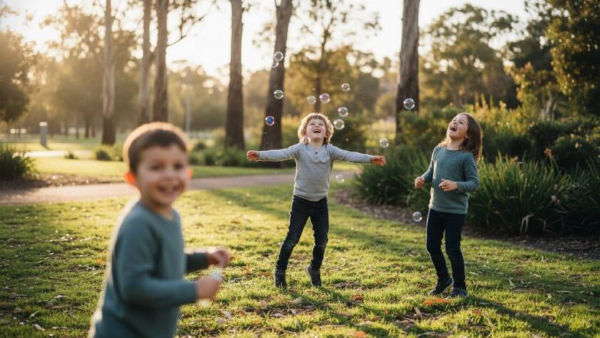 Langwarrin kids photography capturing genuine joy: A child laughing exuberantly while running through the golden sunlight in Langwarrin's gum trees, capturing a moment of pure, unbridled happiness.