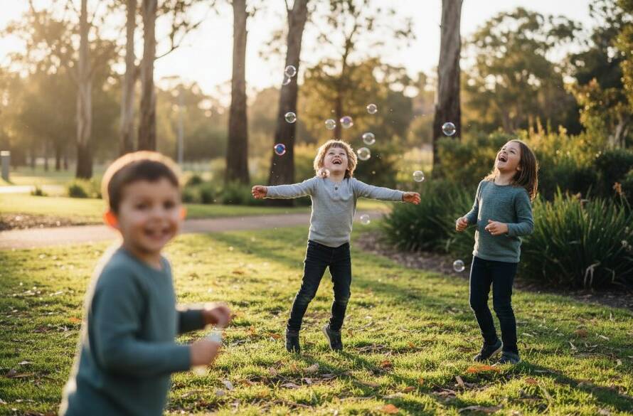 Langwarrin kids photography capturing genuine joy: A child laughing exuberantly while running through the golden sunlight in Langwarrin's gum trees, capturing a moment of pure, unbridled happiness.