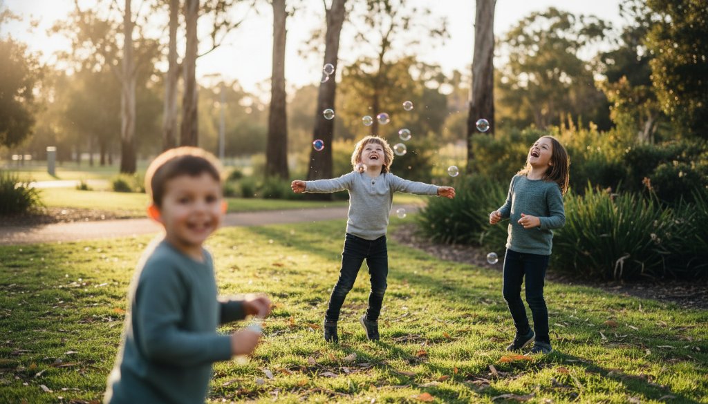 Langwarrin kids photography capturing genuine joy: A child laughing exuberantly while running through the golden sunlight in Langwarrin's gum trees, capturing a moment of pure, unbridled happiness.