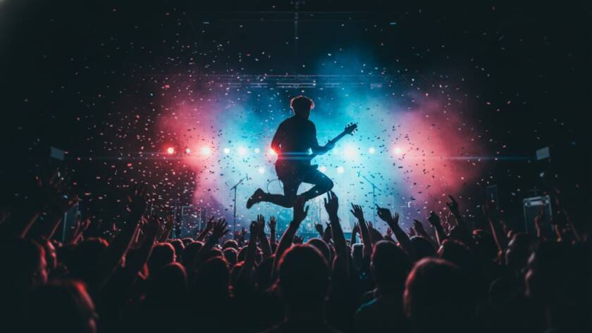 Dynamic shot of a guitarist mid-shred under dramatic stage lights at a Langwarrin live music event, showcasing the raw energy captured by expert Langwarrin live music photography local bands.