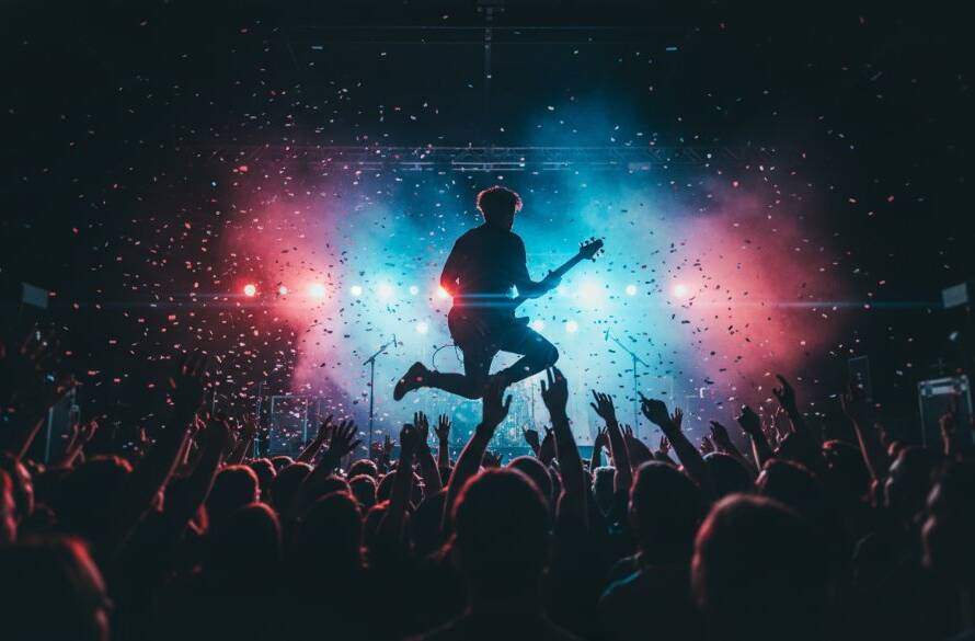 Dynamic shot of a guitarist mid-shred under dramatic stage lights at a Langwarrin live music event, showcasing the raw energy captured by expert Langwarrin live music photography local bands.