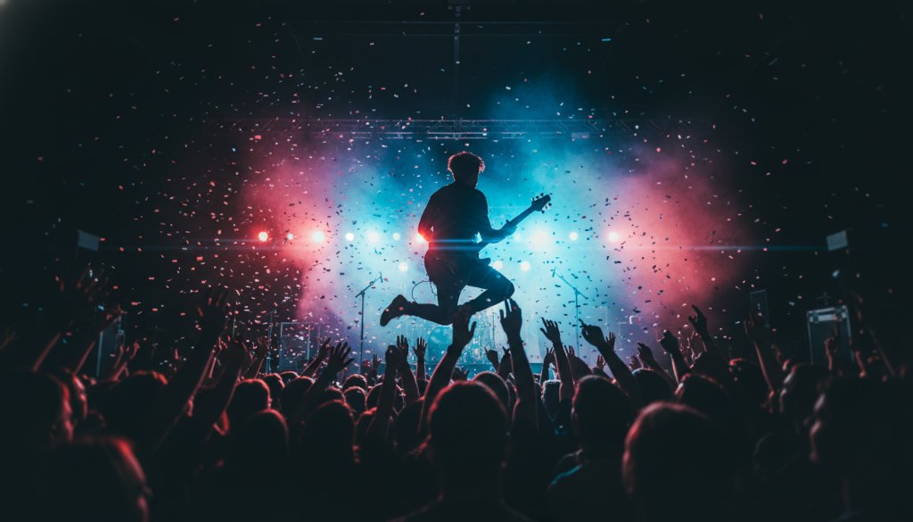 Dynamic shot of a guitarist mid-shred under dramatic stage lights at a Langwarrin live music event, showcasing the raw energy captured by expert Langwarrin live music photography local bands.