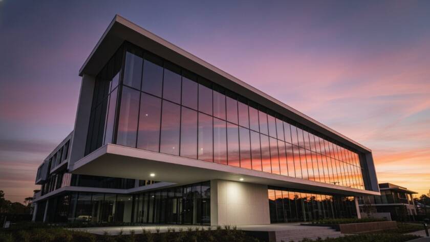 Dramatic, low-angle shot of a striking Langwarrin modern architecture photography Melbourne project, featuring clean lines and a glass facade reflecting a vibrant sunset, professionally colour-graded to highlight its epic design.