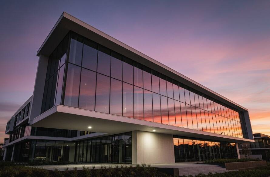 Dramatic, low-angle shot of a striking Langwarrin modern architecture photography Melbourne project, featuring clean lines and a glass facade reflecting a vibrant sunset, professionally colour-graded to highlight its epic design.