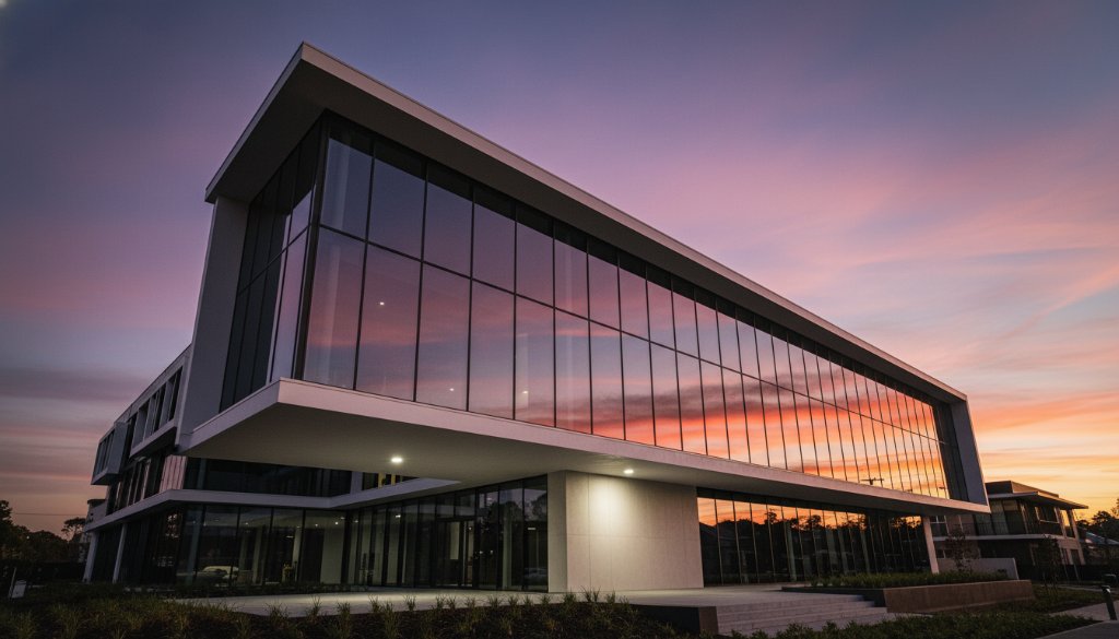 Dramatic, low-angle shot of a striking Langwarrin modern architecture photography Melbourne project, featuring clean lines and a glass facade reflecting a vibrant sunset, professionally colour-graded to highlight its epic design.