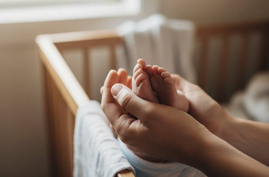 An artistic, high-contrast, black and white 'epic moment' photograph capturing a newborn baby's tiny hand gently grasping a parent's finger, symbolising connection and new life. The background is softly blurred, hinting at a warm, light-filled Langwarrin home, focusing on the intimate bond. This Langwarrin newborn photography cherished portraits Victoria image exudes warmth, tenderness, and professional artistry.