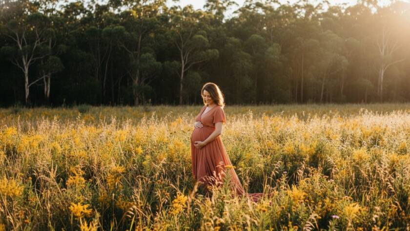 An expecting mother in a flowing gown, silhouetted against a golden sunset in a natural Langwarrin bushland setting, showcasing a beautiful Langwarrin outdoor maternity photoshoot specialist's epic moment.