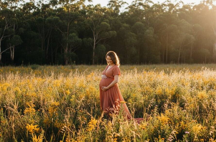 An expecting mother in a flowing gown, silhouetted against a golden sunset in a natural Langwarrin bushland setting, showcasing a beautiful Langwarrin outdoor maternity photoshoot specialist's epic moment.