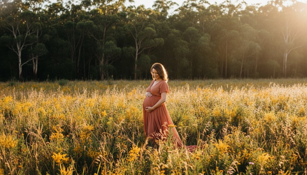 An expecting mother in a flowing gown, silhouetted against a golden sunset in a natural Langwarrin bushland setting, showcasing a beautiful Langwarrin outdoor maternity photoshoot specialist's epic moment.